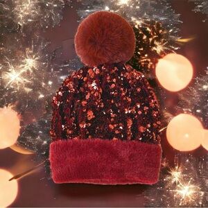 NEW H.O.P.E. Merlot Sequin Pom Pom Beanie - One Size